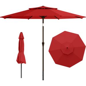 9ft 2-Tiers Patio Umbrella,Outdoor Market Table Umbrella with Push-Button Tilt & Crank | UV Protection,Suit for Backyard,Garden,Pool,Deck(Red)