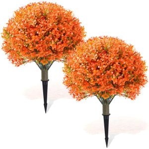 Artificial Boxwood Topiary Ball Bush for Outdoor with Spike, Set of 2 UV Resistant Faux Boxwood Ball Tree with Stake, Weatherproof Fake Round Topiary Shrub Plant for Front Porch Planter(Orange)