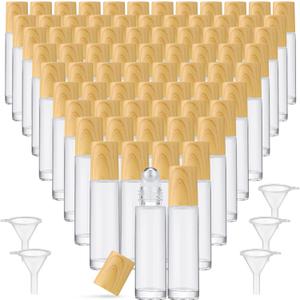 Sumind 150 Pcs Essential Oil Roller Bottles 10 ml Glass Empty Roll on Bottles with Stainless Steel Balls Leak Proof with 5 Funnel for Travel Essential Oil(Clear, Wood)