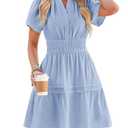 Duigluw Womens Summer Dresses 2025 Short Sleeve Smocked V Neck Casual Ruffle A-Line Swing Mini Dress Sundress Blue Small