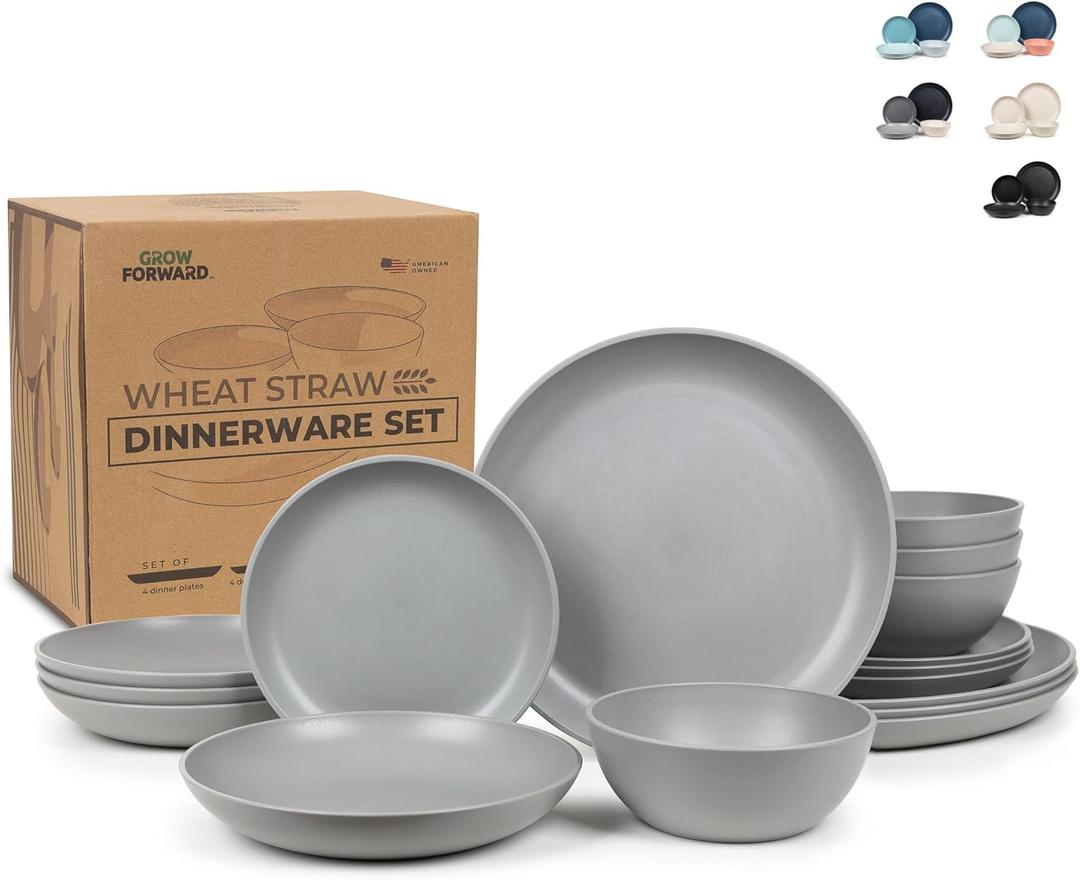 Grow Forward 16-piece Premium Wheat Straw Dinnerware Sets for 4 - Unbreakable Dishwasher & Microwave Safe Plastic Plates and Bowls Sets - Patio, Outdoors, RV, Camping Dishes - Feather