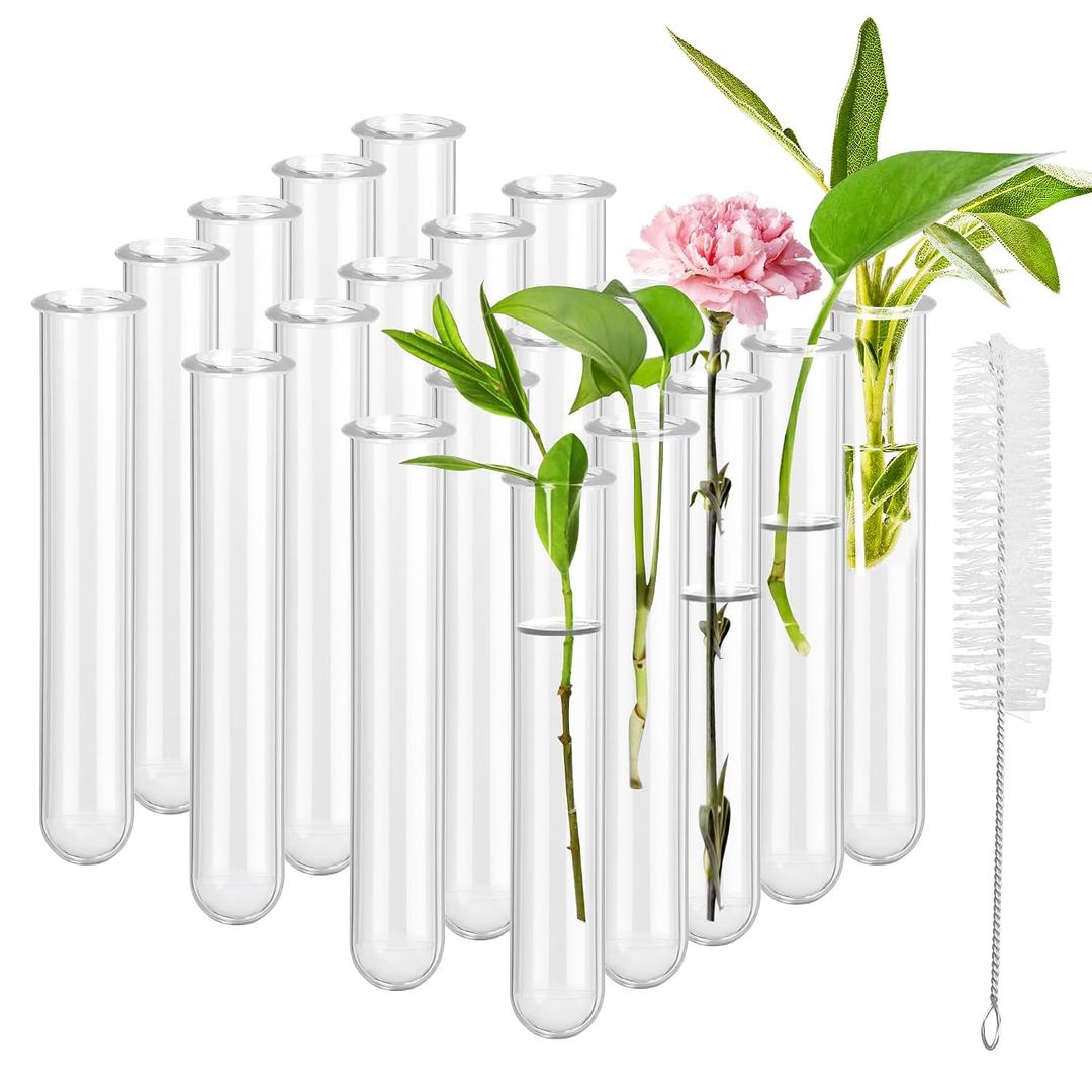 20 Pcs Clear Test Tubes for Plants Acrylic Plant Propagation Tube with Brush Plastic Tests Tubes for Hydroponic Plants,Flowers (12 cm)