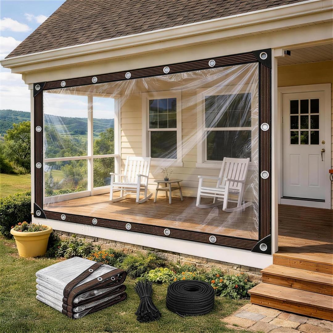 Clear Tarp with Grommets, 14Mil PVC Clear Plastic Tarps Heavy Duty Waterproof, for Vinyl Patio Enclosure, Patio Plastic Porch Enclosures for Winter and Chicken Coop Cover(8 * 10ft)