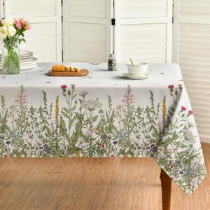 Horaldaily Spring Summer Tablecloth 60x104 Inch Rectangular, Wild Flowers Floral Table Cover for Party Picnic Dinner Decor (Beige)