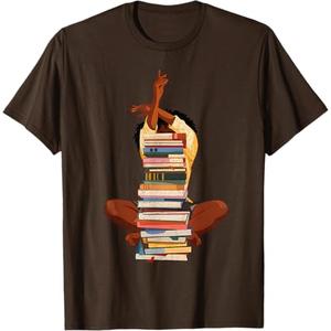 Black Woman and Books Stack Afro Girl Book Lover T-Shirt Small