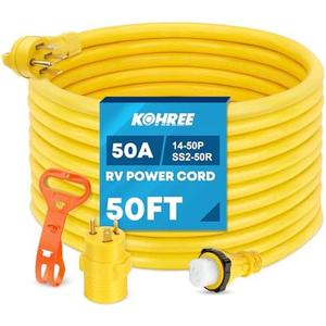 Kohree 50' RV Extension Cord 50 Amp Generator Cord, 50 Amp RV Power Cord with Grip Handle, NEMA 14-50P to SS2-50R Twist Lock, 30M/50F Adapter Included, 6/3+8/1 Gauge STW Wire, ETL Listed