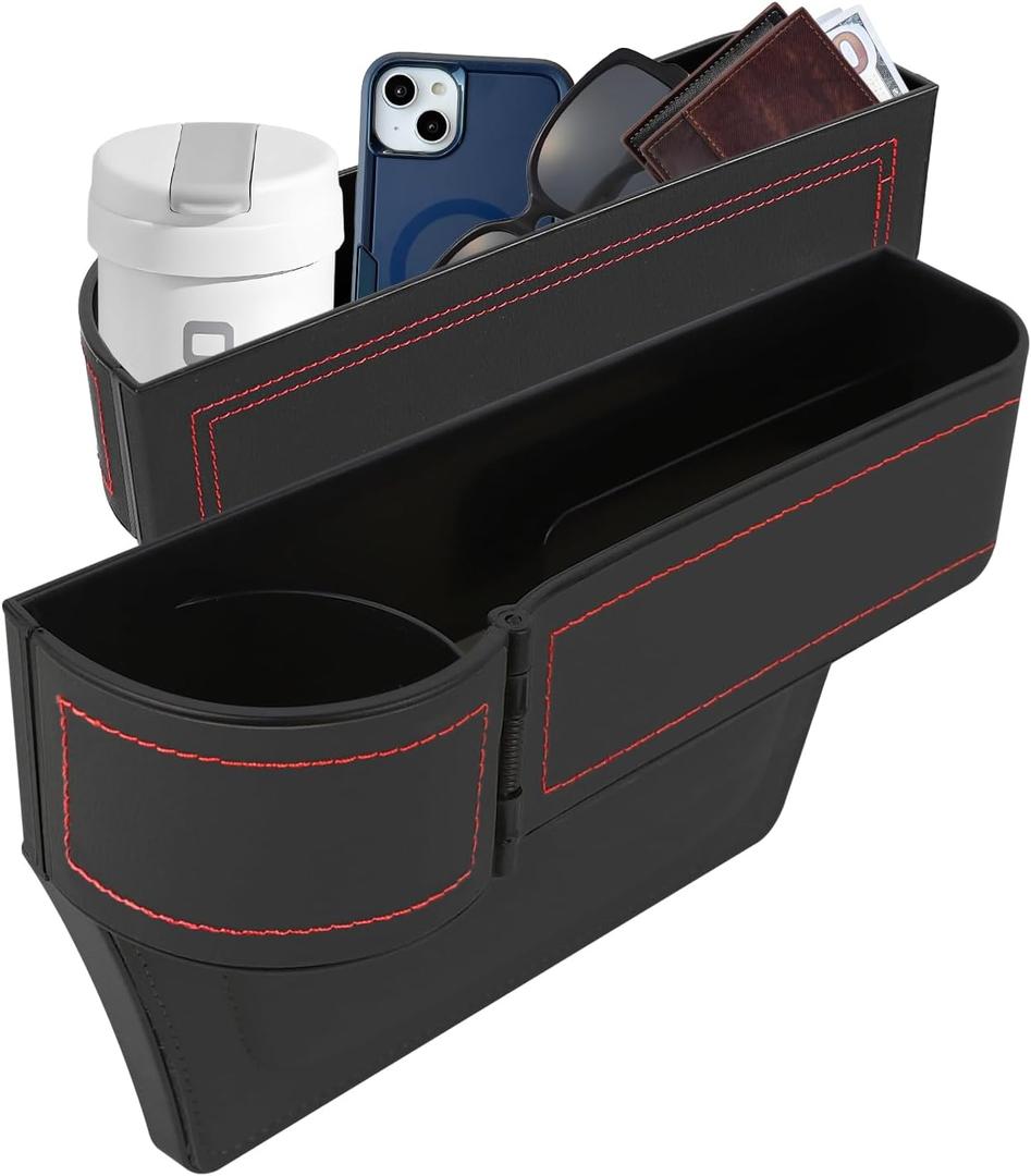 Car Seat Gap Filler Organizer, Multifunctional Car Seat Organizer with Adjustable Cup Holder, Leather Car Seat Gap Storage Box for Holding Phones, Coins, Cards, Keys, Pens (Black)