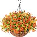HyeFlora Artificial Fake Hanging Mums Plants Flowers Basket for Fall Autumn Outdoor Decor, Faux Silk Orange Dasiy Flower Look Real UV Resistant for Outside Porch Home Patio Garden Decoration