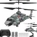 RC Helicopter, LM19-E 2.4GHz Remote Control Helicopter with 10 Launchable Missiles, LED Light, Altitude Hold, One-Key Take Off, Indoor Friendly, Army Toys for Birthday(2 Batteries)