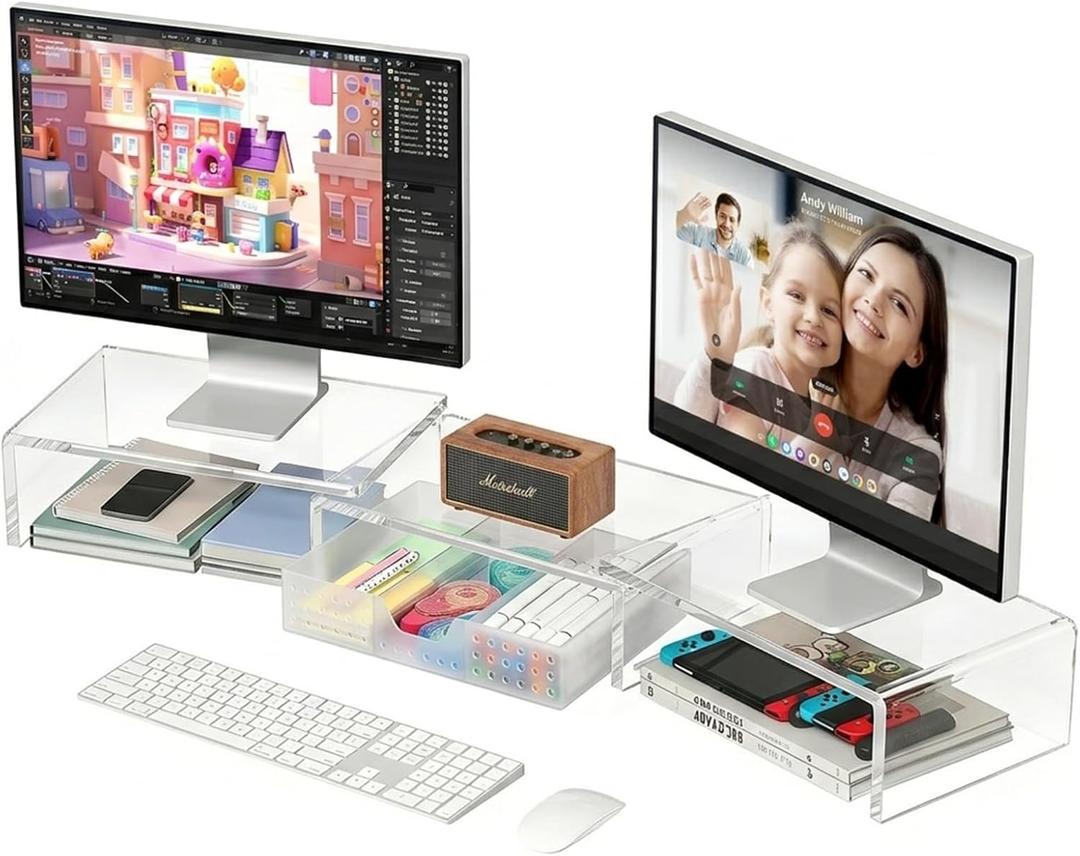 OPNICE Clear Acrylic Desk Organizers and Accessories, Dual Monitor Stand Riser with Drawer, Desk Shelf Computer Racks for Office Workspace Organizers, Desktop Organization (Transparent)