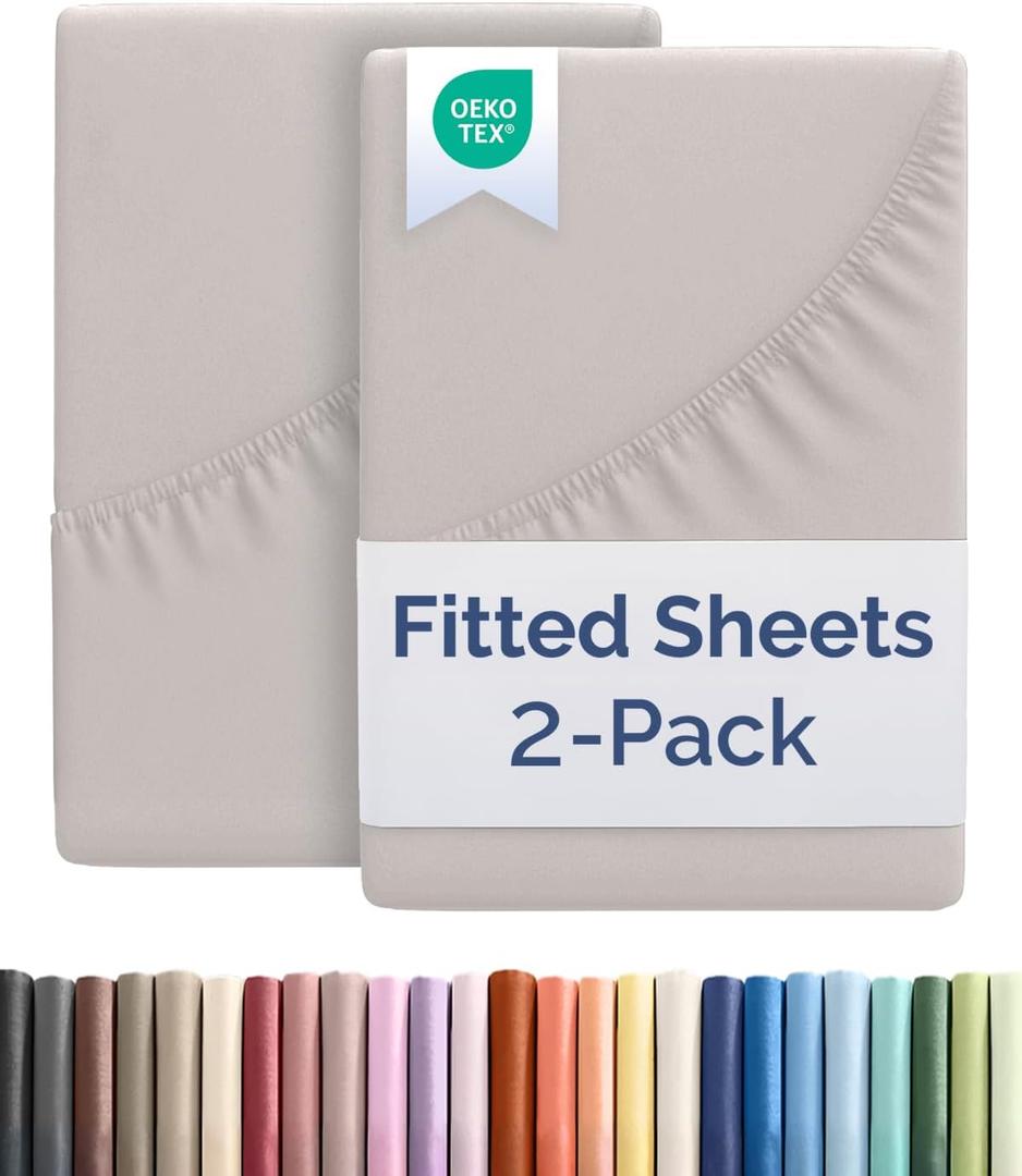 Twin XL Size Fitted Bed Sheet - Pack of 2 Single Fitted Bottom Sheet Only - Fits Mattress Up to 16" Deep Pockets - Extra Soft, Breathable & Cooling - Hotel Quality, Fade and Wrinkle Free - Light Grey
