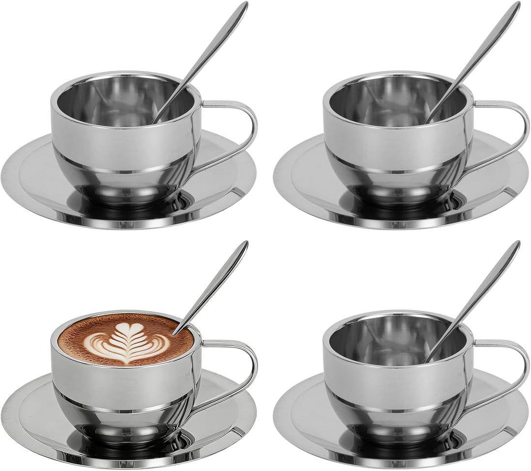 4 Pack 6 oz Coffee Cups Set, Stainless Steel Espresso Cups with Saucers and Spoons, Handle Drinkware for Latte, Cappuccino, Milk, or Tea (Silver)