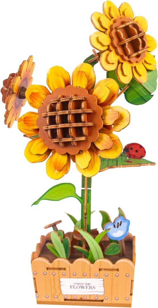 3D Wooden Flower Puzzles for Adults Sunflower, DIY Valentines Day Flower Building Set Home Decoration Wooden Craft Kits, for Women Mom Birthday Thanksgiving
