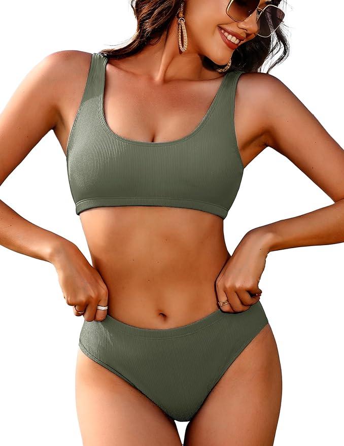 AI'MAGE Women Ribbed Bikini Sets Sporty Swimsuits Scoop Neck Two Piece Bathing Suits High Cut Bikini M