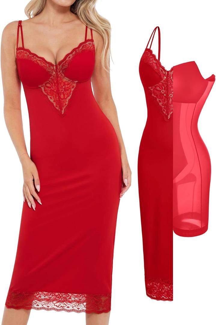 Popilush Shapewear Dress Deep V Neck Lace Cocktail Maxi Dresses for Women (Large, Red Hot)