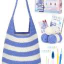 Katech Crochet Kit for Beginners, Striped Tote Bag Crochets Set Includes Yarn Crochet Hooks, Complete Crochets Step-by-Step Guide Needles Accessories Adults Crocheted Starter Kit Crocheter Gift (Blue White)