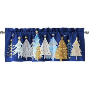 Christmas Window Valance Curtains Multi-Color Christmas Tree and Snowflake Motifs Seasonal Holiday Kitchen Home Decor 51x18 Inches(Blue)