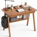 Solid Wood Desk with Drawers & Storage Shelf - 40 x 24 Inch Mid Century Modern Desks, Vintage Writing Desk with Deeper Desktop&Hooks, Home Office Computer Desks for Bedroom & Home-Walnut Color, 39.4 in W x 23.6 in D