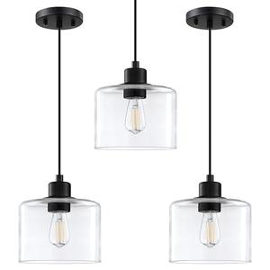 3 Pack 1 Light Modern Kitchen Island Pendant Light 7.3 Inch Clear Glass Black Finish Pendant Lamp,Farmhouse Hanging Light Fixture for Kitchen Island Dining Room Bedside
