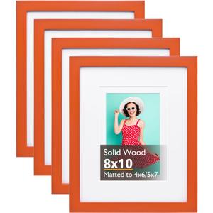 KINLINK 8x10 Picture Frame Orange, Solid Wood Frames with Acrylic Plexiglass for Pictures 4x6/5x7 with Mat or 8x10 without Mat, Tabletop and Wall Display Photo Frame, Set of 4