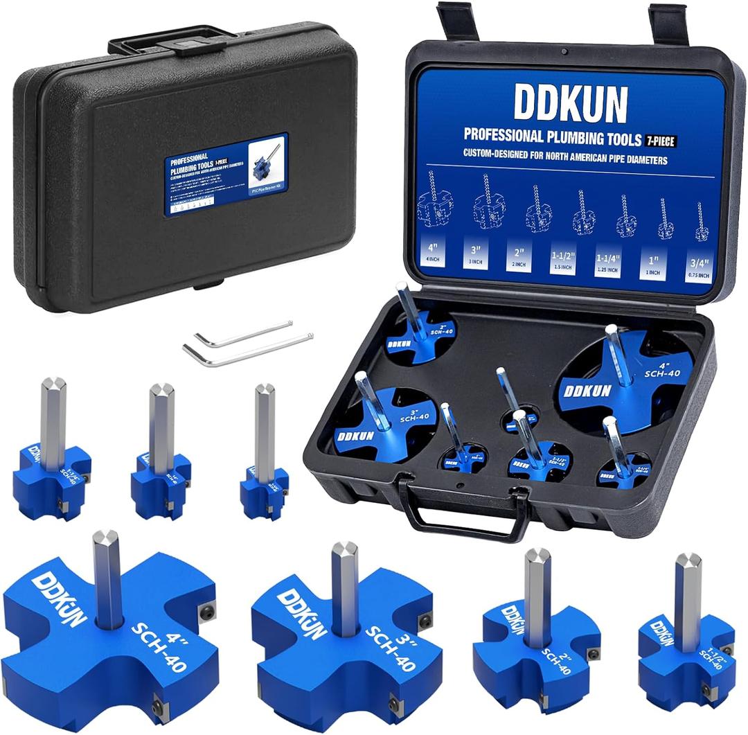 7Pcs PVC Pipe Reamer Kit, PVC Fitting Saver for SCH40, Includes 1-1/4", 1-1/2", 1", 3/4", 3", 2", 4", Plumbing Pipe Fitting Tools with 4 Blades-Compatible with 1/2" Drills