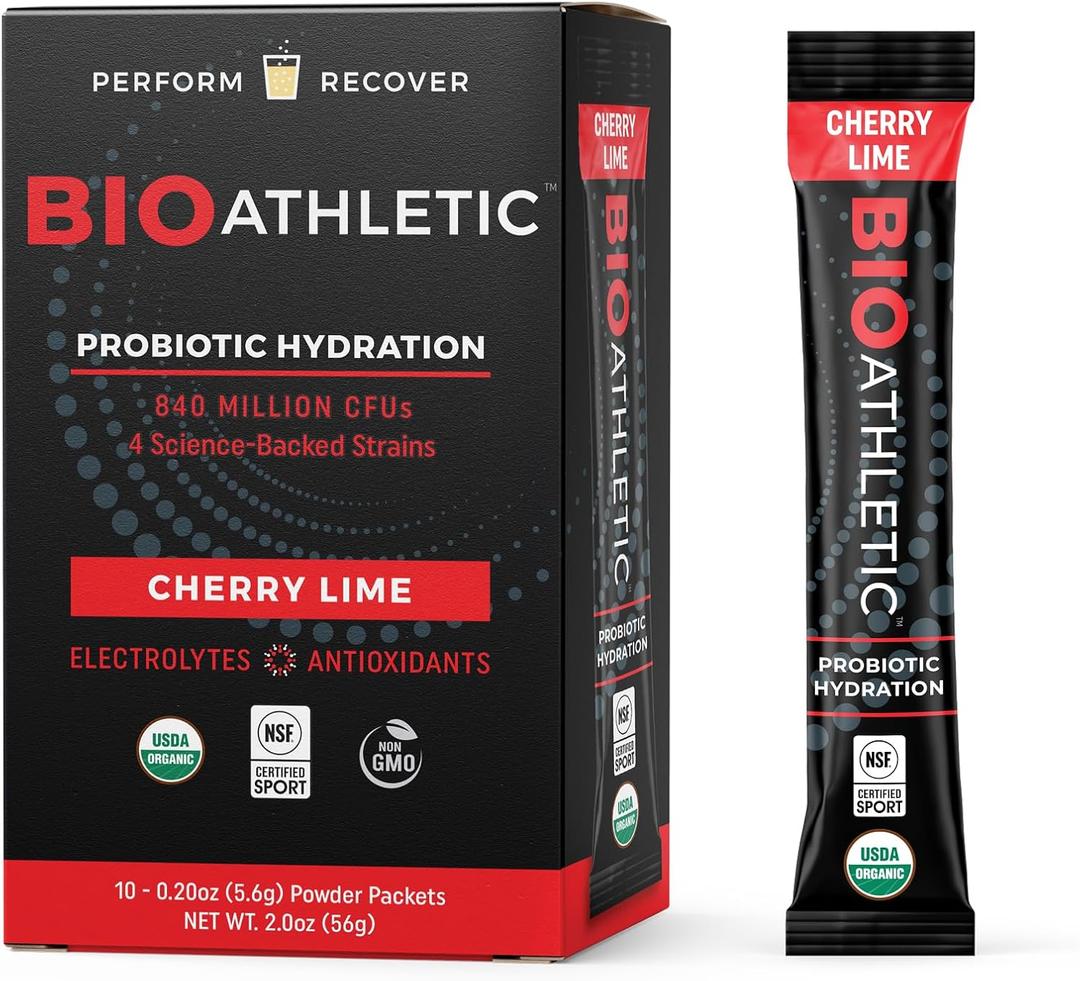Probiotic + Electrolyte Hydration Drink Mix, with Vitamins D & B12, USDA Organic, NSF Certified for Sport, Subtle Cherry Lime Flavor, Naturally Light Taste, 10 Sticks, Exp: 04/2027