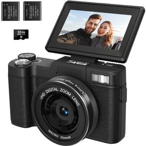 5K Digital Camera for Photography 64MP Auto-Focus Vlogging Camera for YouTube 3" 180 Flip Screen Compact Travel 18X Digital Zoom, Anti-Shake 2 Batteries & 32GB TF Card