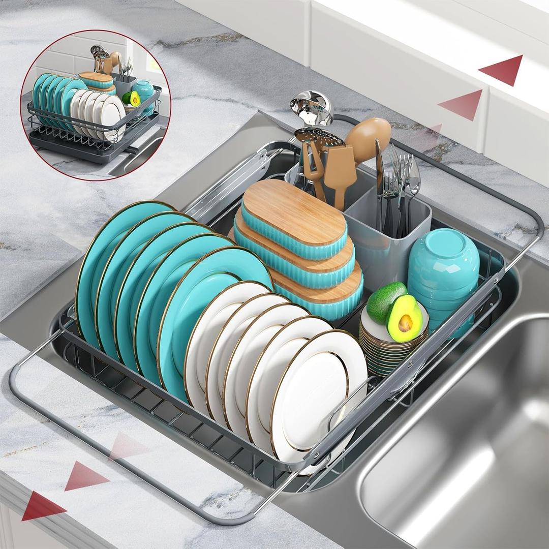 Dish Drying Rack - Stainless Steel Dish Rack with Drainboard for Kitchen Counter and Sink, 15.8" D x 12" W x 5" H, Grey (Gray)