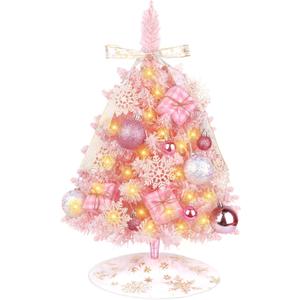 Mini Pink Christmas Tree with Lights, 2ft/24 Inch Artificial Small Table Top Christmas Tree Decor with Bow Ribbon Decor, Hanging Ornaments, Tree Skirt, 21 Pcs Pink Mini DIY Kids Xmas Trees