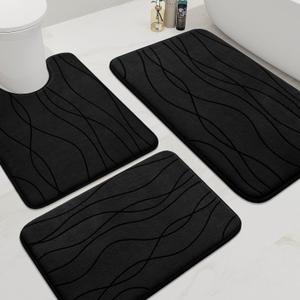 YIHOUSE Memory Foam Black Bathroom Rug Sets 3 Piece, Ultra Absorbent Bath Mat for Bathroom - Non-Slip Machine Washable & Dry Quickly, 3 Piece Bathroom Mat Set, Black