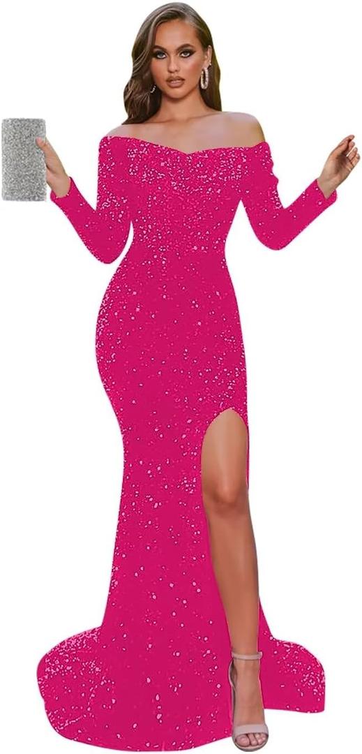 Ternlm Women's Long Sleeves Red Prom Dress 2025 Split Off Shoulder Sequin Mermaid Formal Party Gowns for Women Sexy, 16 (B-hot Pink)