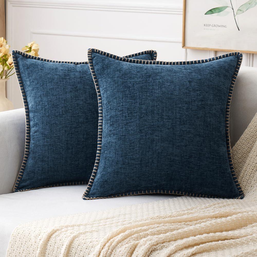 MIULEE Pack of 2 Couch Throw Pillow Covers 20x20 Inch Dark Blue Farmhouse Decorative Pillow Covers with Stitched Edge Soft Chenille Solid Dyed Spring Pillow Covers for Sofa Bed Living Room