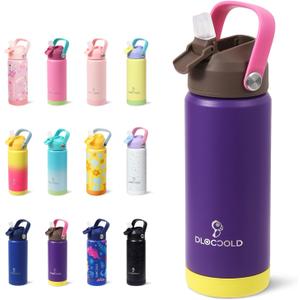 DLOCCOLD 18oz Kids Insulated Water Bottle with Leak Proof Straw Lid, Stainless Steel Water Bottle with Handle & Silicone Boot, Reusable Tumbler for School, Travel, BPA Free, Gift for Boy, Girl (Purple)