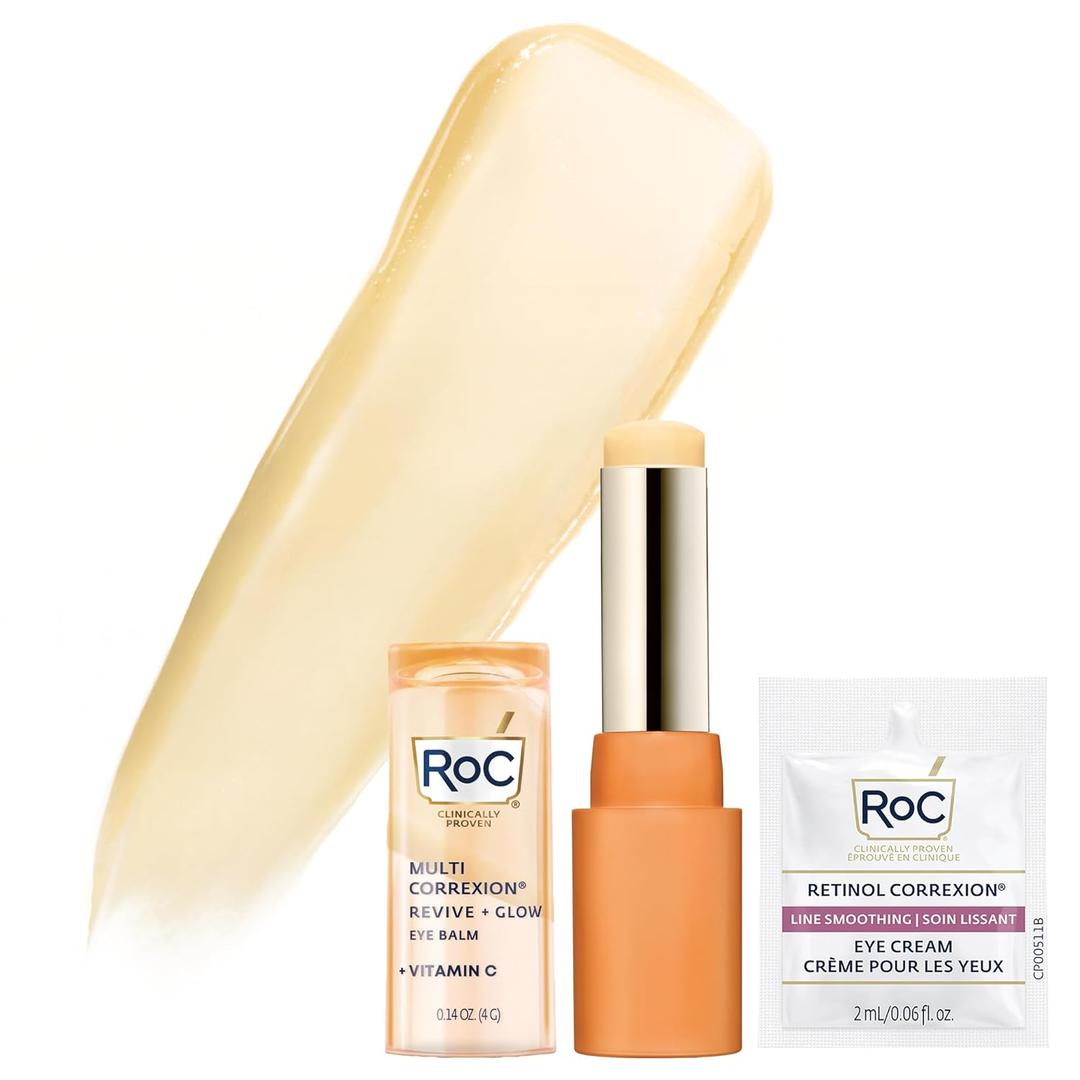 RoC Multi Correxion Revive + Glow Eye Balm with Vitamin C (0.14 oz) + Retinol Eye Cream Packette, Vitamin C Eye Balm