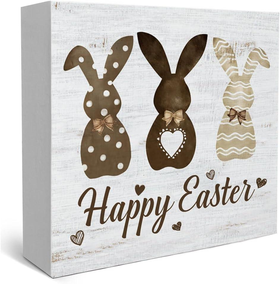 Happy Easter Bunny Rabbit Ears Floral Leaves Easter Decoration Bunny Wooden Sign Spring Yard Rabbit Dcor for Home Farmhouse Farm Kitchen Dining Room Bathroom Shelf Table-156