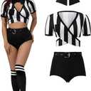 Spooktacular Creations 4Pcs Halloween Women Referee Costum, Black and White Striped Ref Shirt Halloween Costume Cosplay Party (Large)