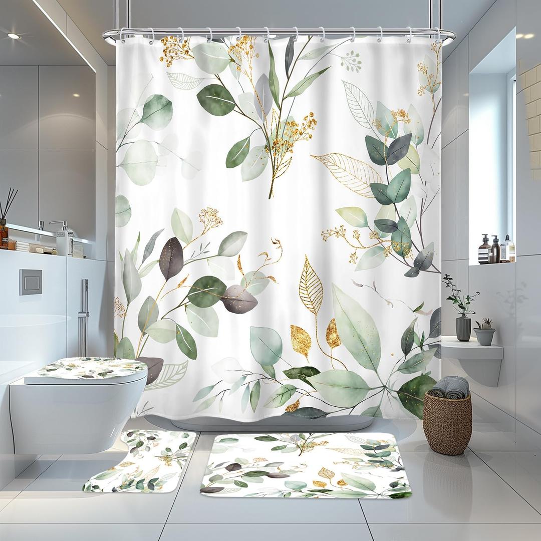 Riyidecor 4 PCS Sage Green Leaves Bathroom Set with Shower Curtain and Rugs Eucalyptus Leaf Botanical Plant 72Wx72H Inch Bathroom Decor Non-Slip Bath Rug Toilet Lid Cover U Shape Mat with 12 Hooks