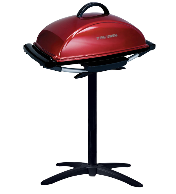 George Foreman Indoor/Outdoor Electric Grill with Stand Indoor or outdoor electric grill with nonstick surface, 5 heat settings and fat-removing drip tray for healthier grilling