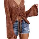 Saodimallsu Womens Boho Off Shoulder Sheer Crop Tops Bell Sleeve Flowy Oversized Crochet Ruched Pullover Sweaters Brick Red Small