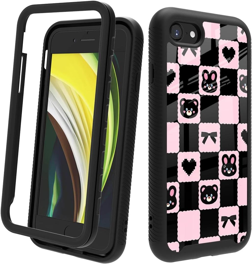 Compatible with iPhone SE 2022/2020 (3rd/2nd Gen), iPhone 8/7 | Shockproof Rugged Dual-Layer Protective Cover for Women Girls - Cute Bear Rabbit Ribbon Plaid 015
