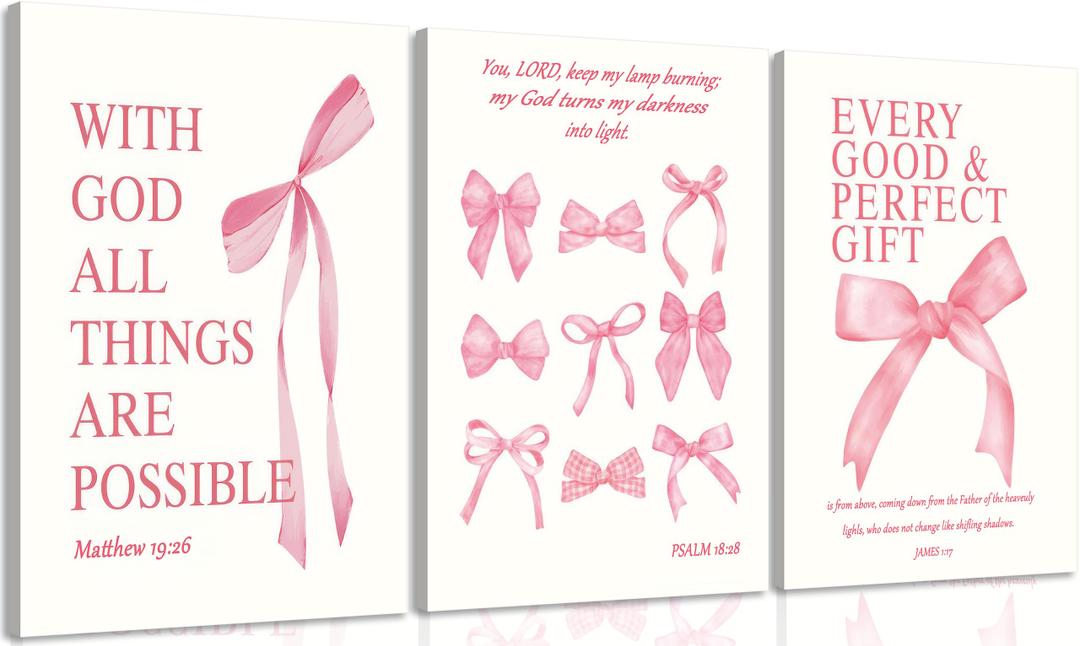 3Pcs Coquette Pink Bow Canvas Wall Art Inspirational Bible Verses Paintings Prints Christian Psalms Scripture Wall Decor Trendy Aesthetic Apartment Posters for living Room Bedroom Pictures Framed