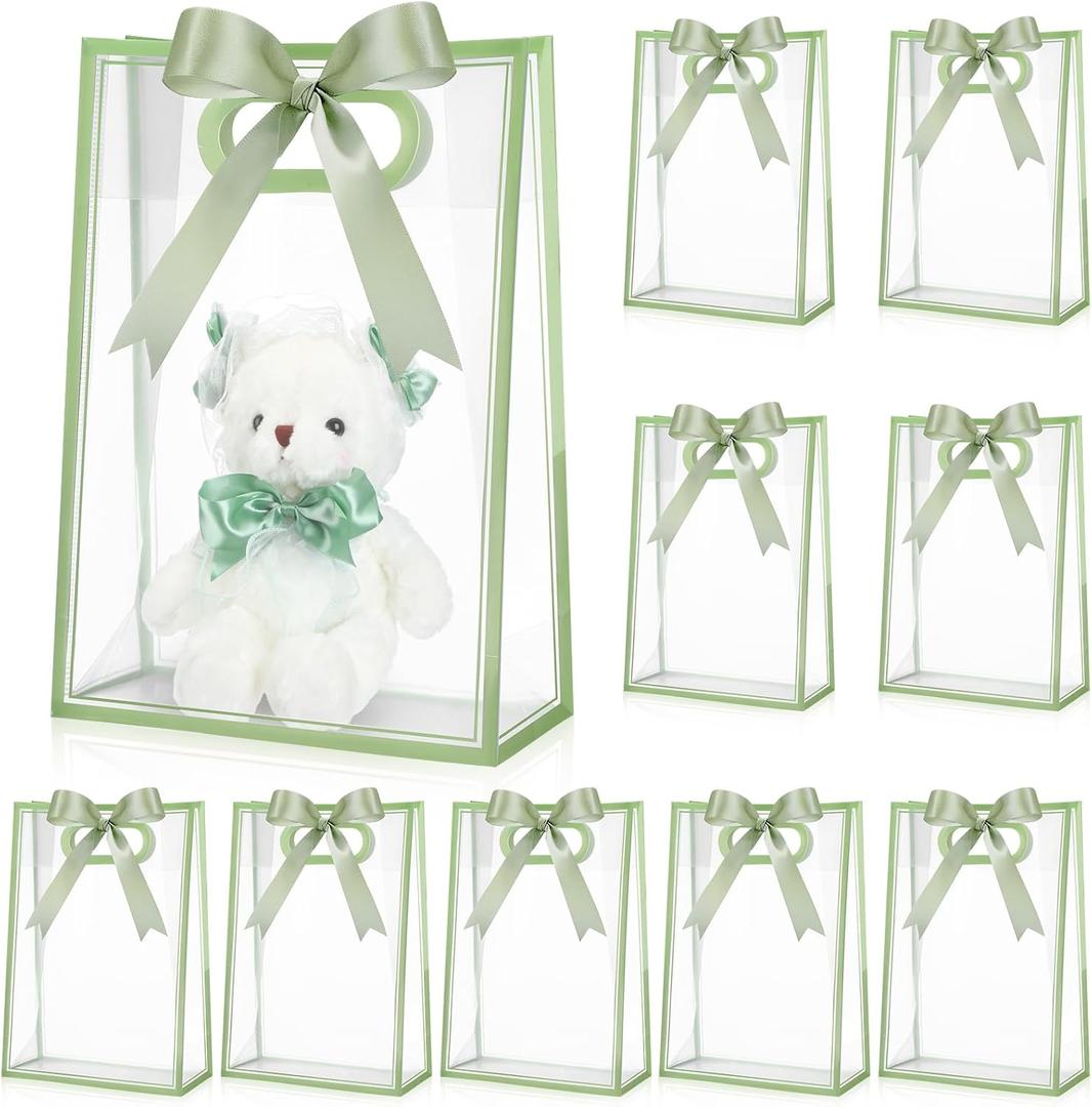 Aliceset 12 Pcs Clear Plastic Gift Bag with Die Cut Handles Reusable PP Favor Bag with Ribbon for Wedding Bridal Birthday Baby Shower Party Small Business, 7x10x3.15 Inch(Sage Green)