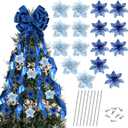 Dingion 48" x 13" Big Christmas Tree Topper Large Velvet Bow with Long Streamers Christmas Tree Ornaments with 8 Pcs 5.5 Inch Artificial Poinsettia Flowers Decorations for Xmas Decor(Royal Blue)