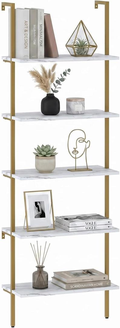 aboxoo Ladder Shelf White Marble Bookshelf 5-Tier Wall-Mounted Wood Rack Industrial Modern Plant Flower Stand Utility Organizer Open Bookcase Metal Frame Furniture Office Kitchen Bedroom, 1PC