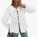 Women's Spring Fall Babydoll Peplum Blouse Shirt Puff Long Sleeve Bow Tie Front Trendy Cute Y2K Going Out Tops, XXL