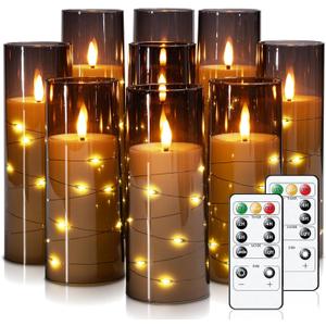 Raycare Flameless Candle with Remote Timer  9 Flickering Acrylic Battery Operated LED Pillar Candles with Embedded Star String for Christmas, Home Decor, and as a Gift(Grey)
