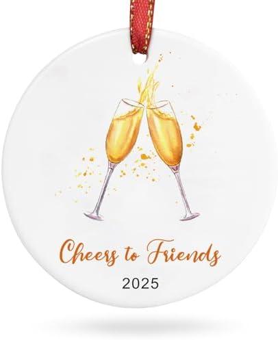 Creawoo Cheers to Friends 2025 Christmas Ornament, Friendship Keepsake Gift for Good Friends Classmate New Year Holiday Present, Classic Ceramic Ornaments Christmas Tree Decoration