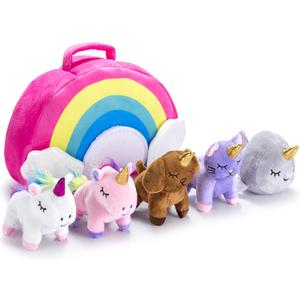 Stuffed Toy Unicorn Animal Set  Set of 5 Stuff Toys - Graduationwith Rainbow Carry Bag - 2 Unicorns, Kitty, Puppy, and Narwhal  Toddler Birthday Gift for Girl Idea Age 3, 4, 5, 6, 7, 8 Year Old
