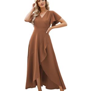 Formal Dresses for Women Gowns Evening Party Cocktail Dress,Split Elegant V Neck Wrap Ruffle Wedding Guest Dresses (Large, Coffee)