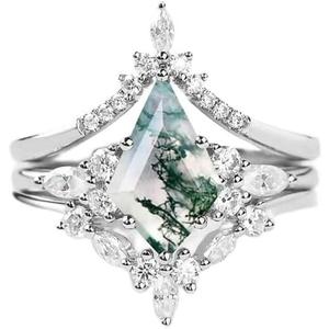 Natural Moss Agate Ring 925 Silver Moss Agate Engagement Ring Set Promise Wedding Ring Rhombus Green Moss Stone Aqua Agate 3 Piece Couple's Ring Emerald Ring Rose Gold Ring Gift for Women5Silver